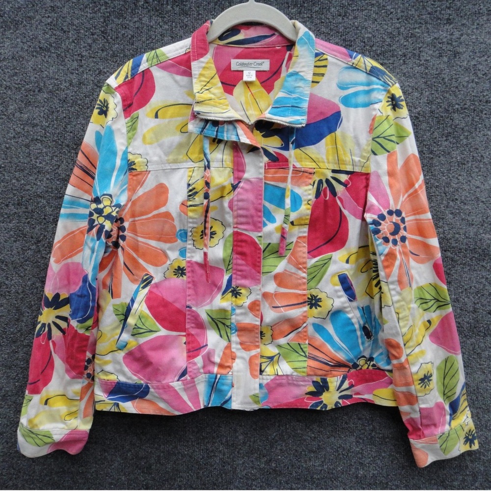 Coldwater Creek Women's Floral Denim Jacket Multicolor Zip Up Front Size 12 EUC